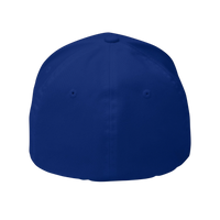 DailyThreadCo. blue structured Flexfit cap with a curved visor and embroidered distressed skull design.