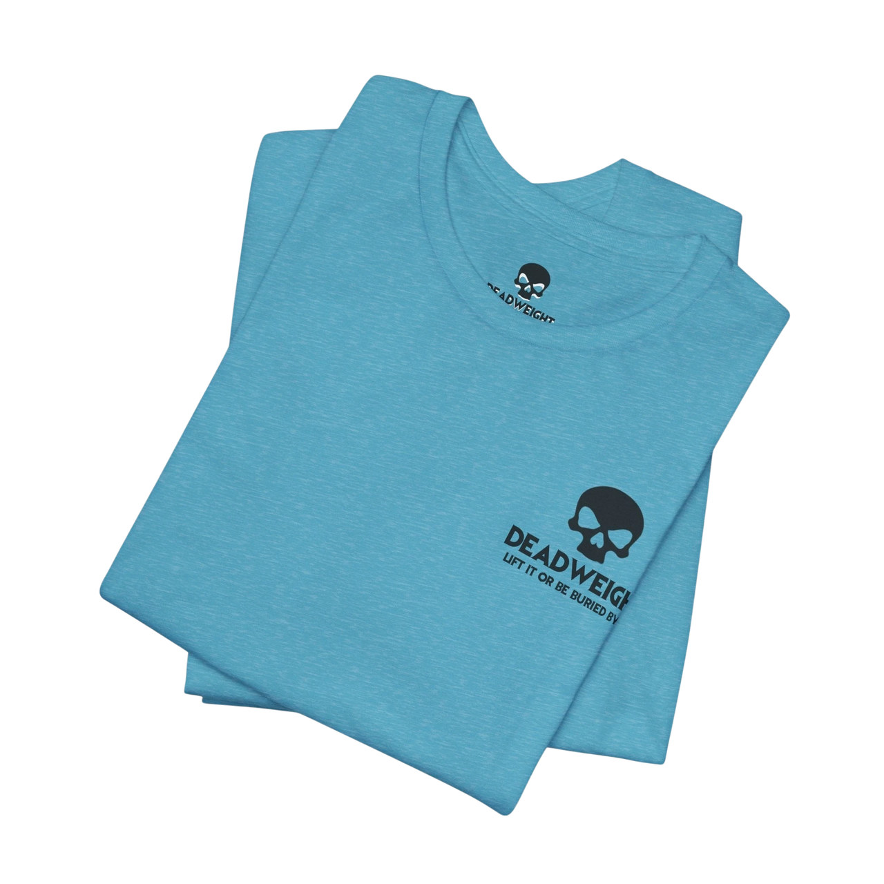 DailyThreadCo. blue cotton crew neck t-shirt with a small black skull graphic and Deadweight text on the chest.