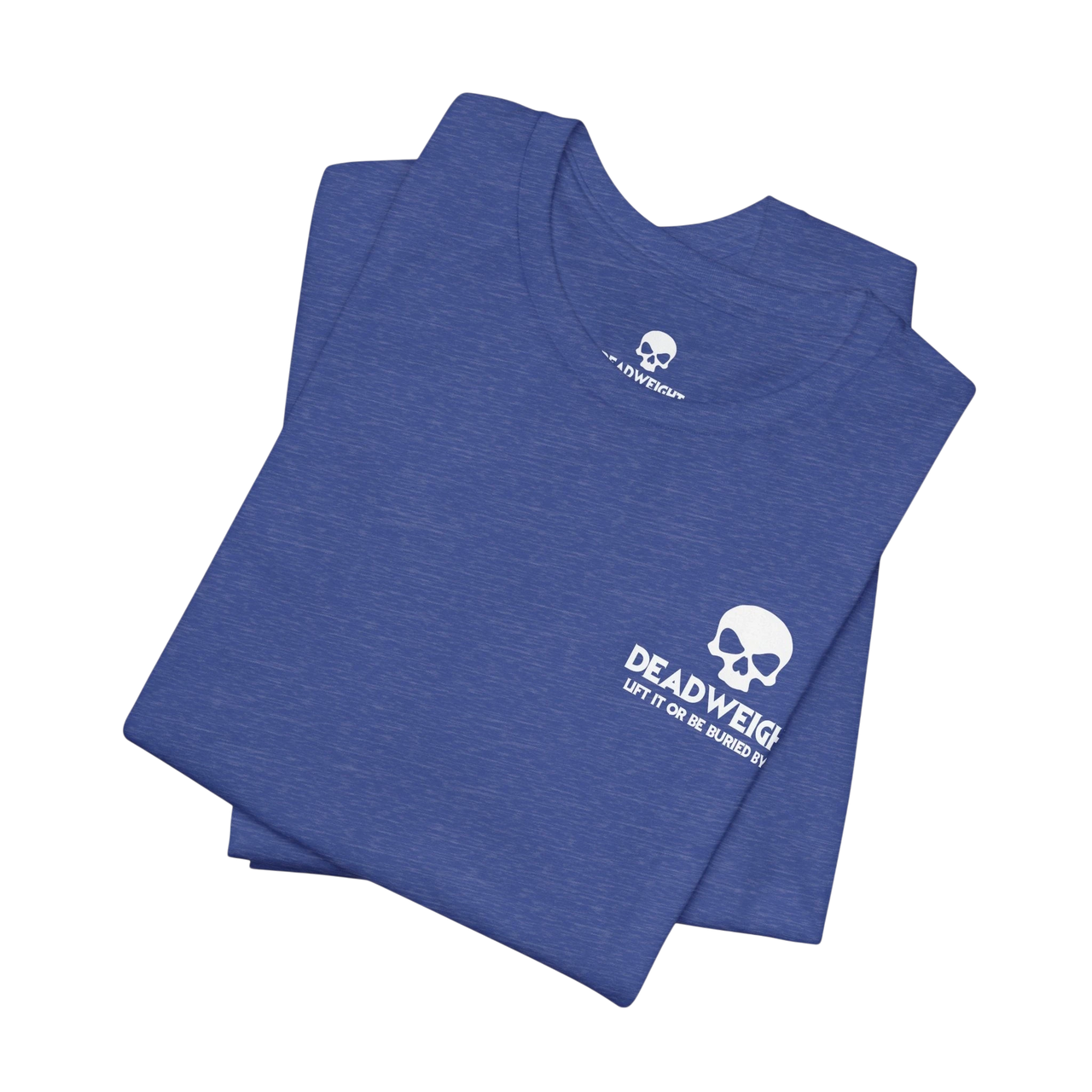 DailyThreadCo. blue heathered cotton crew neck t-shirt with a white skull graphic and Deadweight text on the chest.