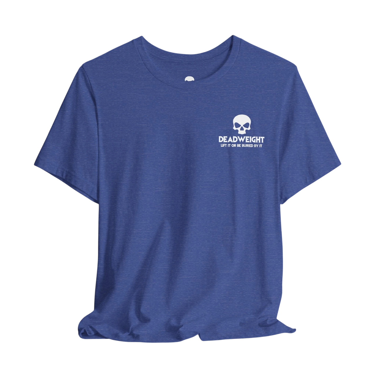 DailyThreadCo. blue heathered cotton crew neck t-shirt with a small white skull graphic and Deadweight text on the chest.