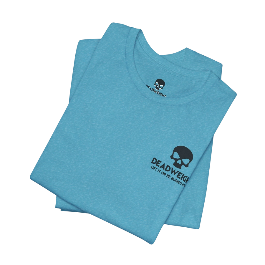 DailyThreadCo. blue cotton crew neck t-shirt with a small black skull graphic and Deadweight text on the chest.