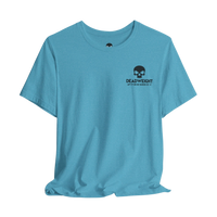 DailyThreadCo. blue lightweight cotton crew neck t-shirt with a small black skull graphic and Deadweight text on chest