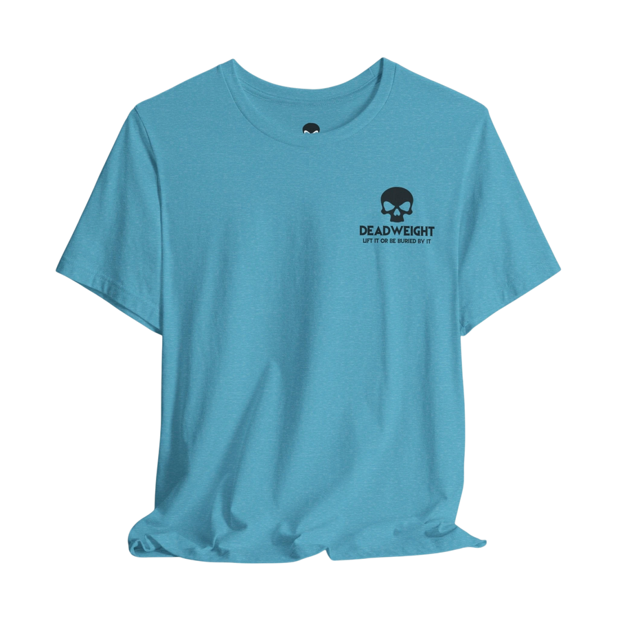 DailyThreadCo. blue lightweight cotton crew neck t-shirt with a small black skull graphic and Deadweight text on chest