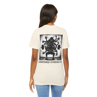 DailyThreadCo. cream cotton t-shirt with a graphic print of a weightlifter being lifted by a multi-limbed creature, with 