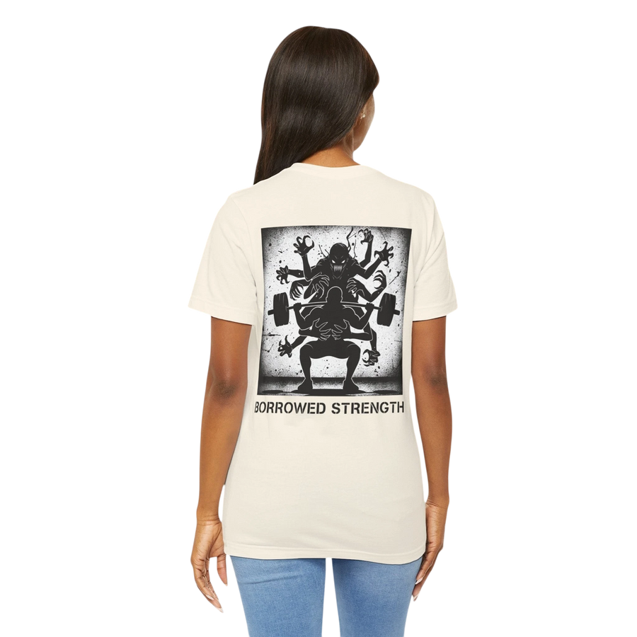 DailyThreadCo. cream cotton t-shirt with a graphic print of a weightlifter being lifted by a multi-limbed creature, with "BORROWED STRENGTH" text.