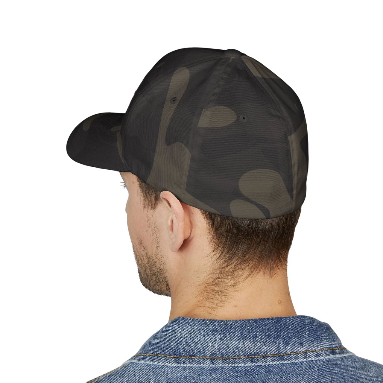 DailyThreadCo. camo Flexfit cap worn by a man in a denim jacket, featuring a structured six-panel design.