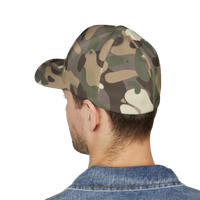 DailyThreadCo. camo flexfit cap worn by a man in a denim jacket, featuring a structured six-panel design.