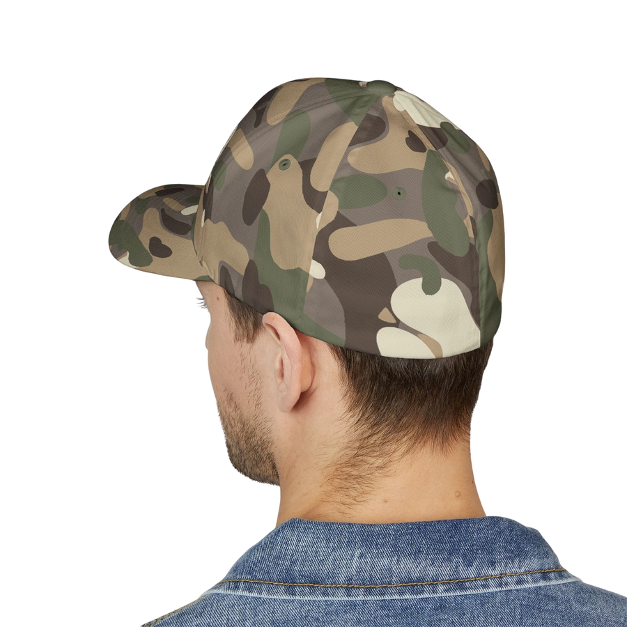 DailyThreadCo. camo flexfit cap worn by a man in a denim jacket, featuring a structured six-panel design.