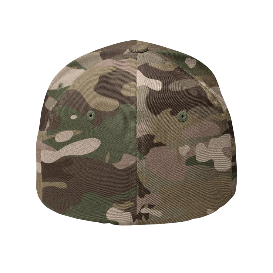 DailyThreadCo. camo Flexfit cap with a structured six-panel design, curved visor, and embroidered eyelets.