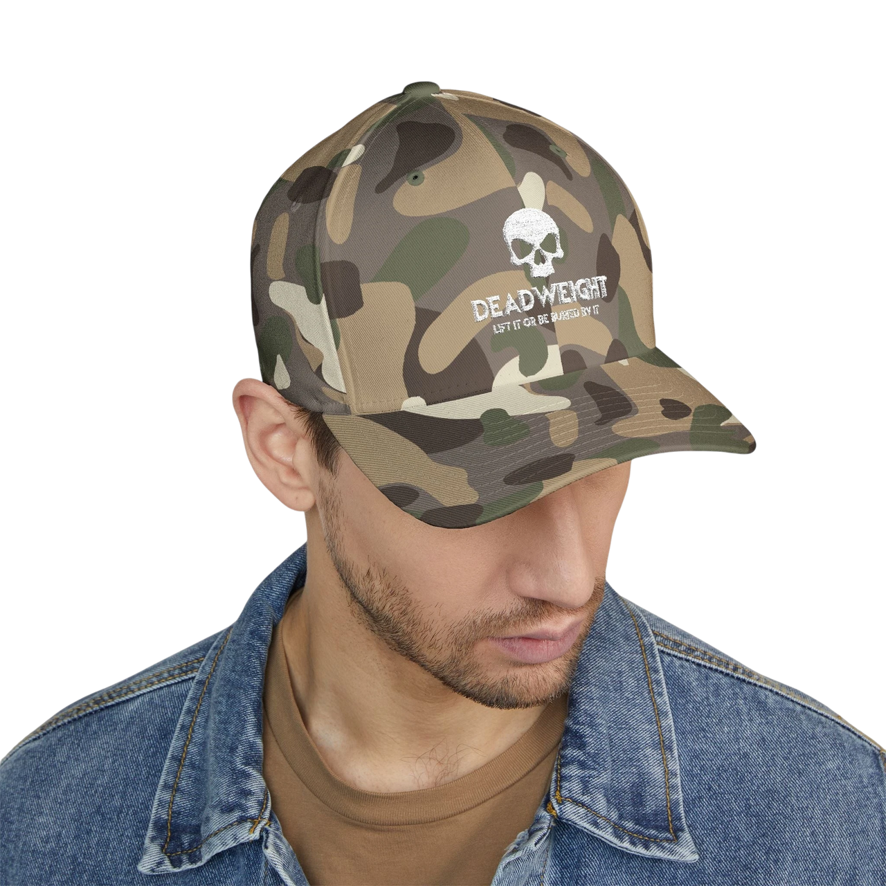 DailyThreadCo. camo Flexfit cap with distressed skull embroidery and text on a man wearing a denim jacket.