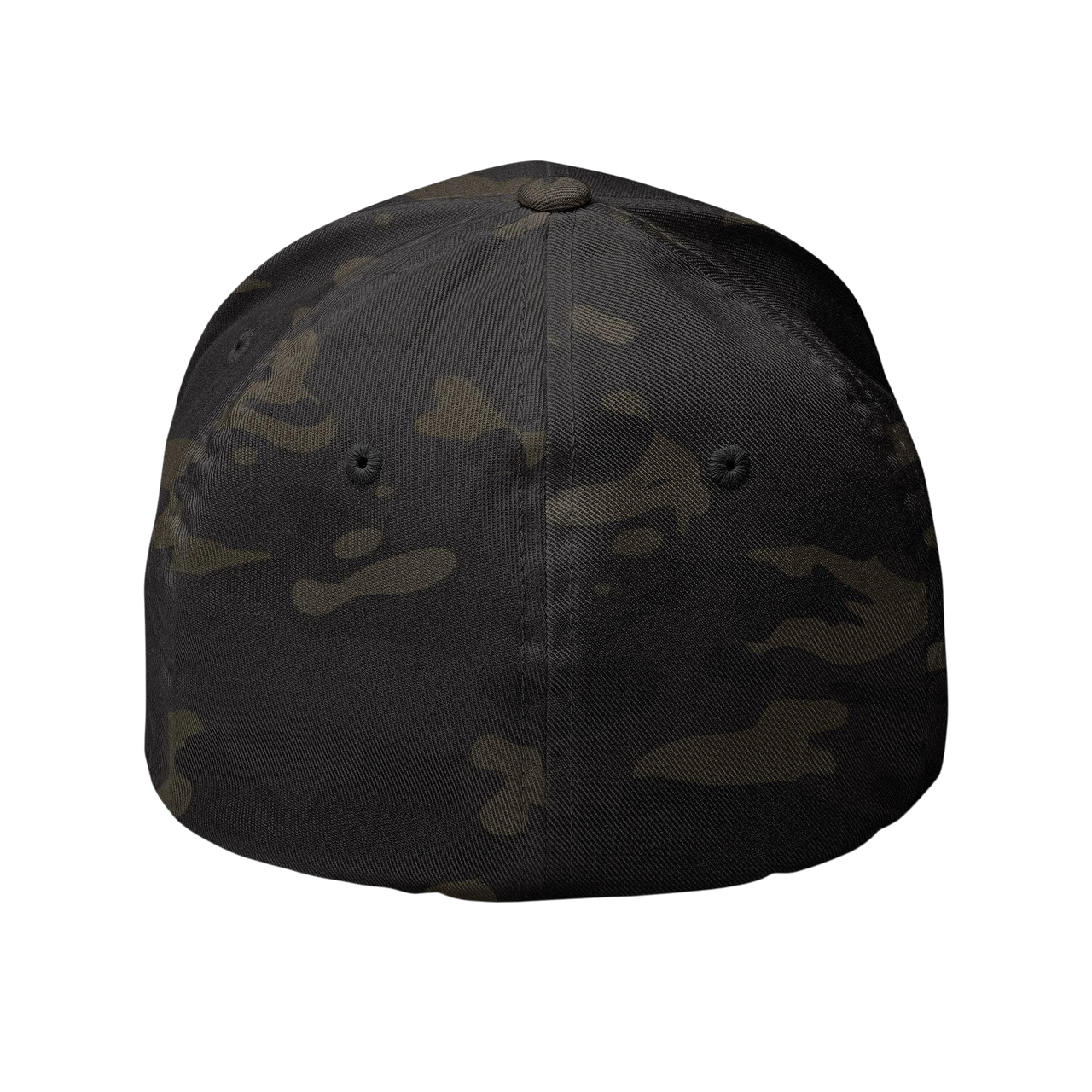 DailyThreadCo. structured Flexfit cap in dark camo twill with embroidered skull design and silver undervisor.
