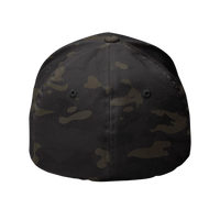 DailyThreadCo. structured Flexfit cap in dark camo twill with embroidered skull design and silver undervisor.