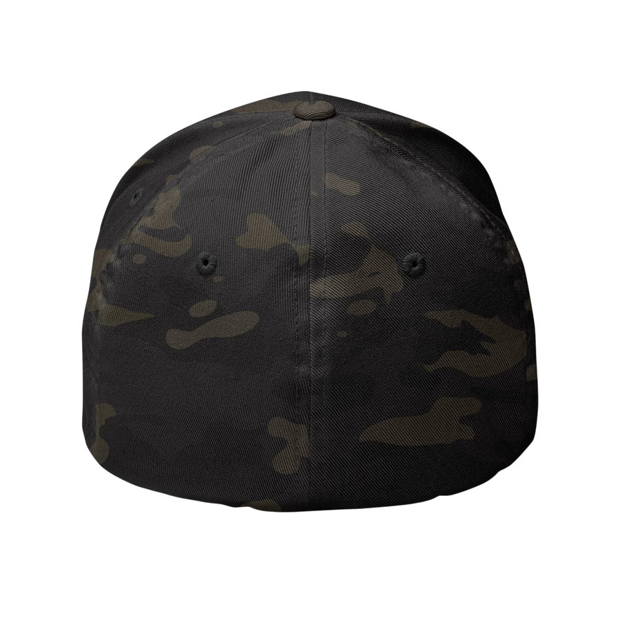 DailyThreadCo. structured Flexfit cap in dark camo twill with embroidered skull design and silver undervisor.