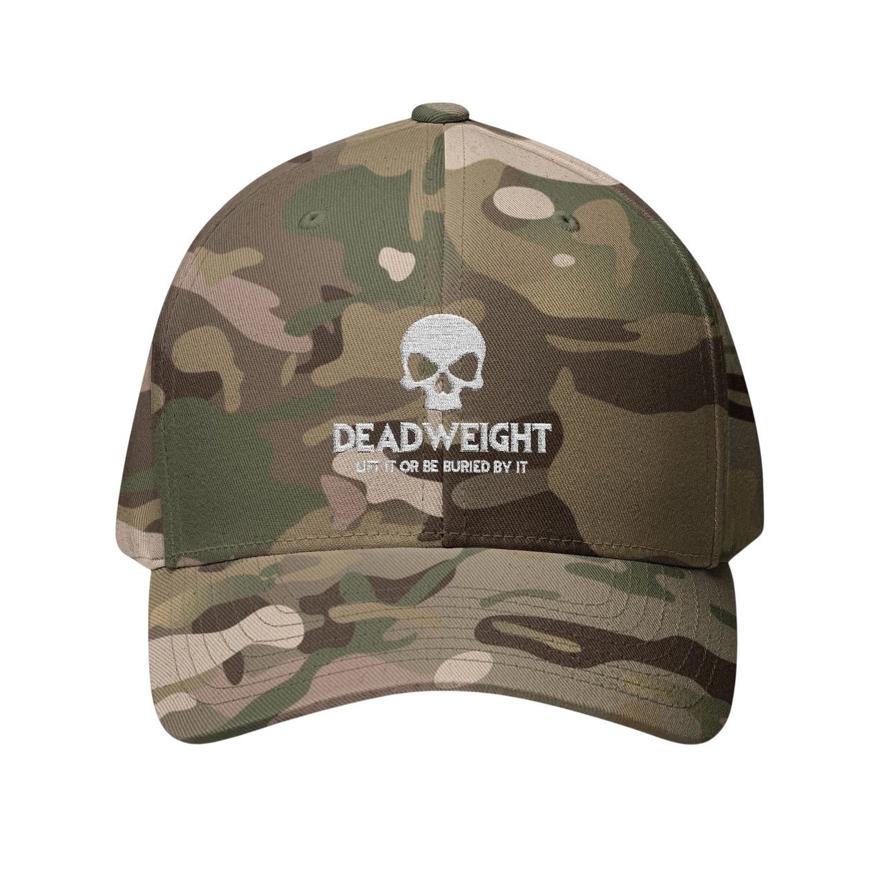 DailyThreadCo. camouflage Flexfit cap featuring a white embroidered skull and Deadweight text on the front.