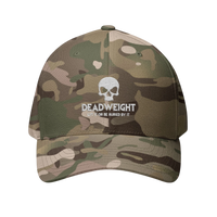 DailyThreadCo. camouflage Flexfit cap featuring a white embroidered skull and Deadweight text on the front.