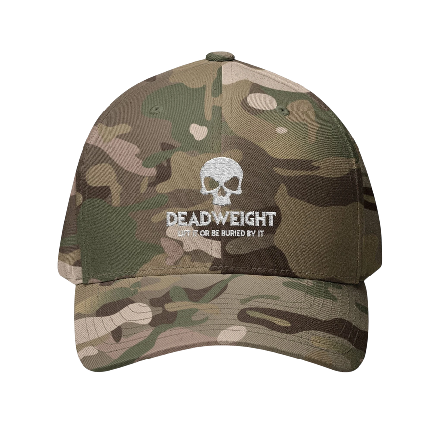 DailyThreadCo. camouflage Flexfit cap featuring a white embroidered skull and Deadweight text on the front.