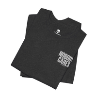DailyThreadCo. charcoal grey cotton graphic t-shirt with Nobody Cares text print, featuring a crew neck and retail fit.