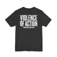 DailyThreadCo. charcoal grey cotton workout t-shirt featuring a bold white Violence of Action back graphic print.