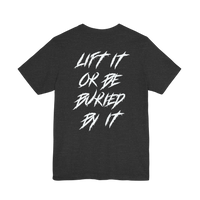 DailyThreadCo. charcoal grey cotton gym t-shirt with white jagged motivational text on the back.