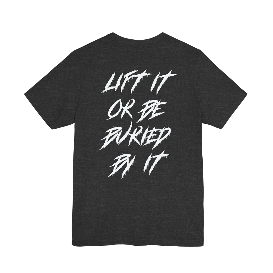 DailyThreadCo. charcoal grey cotton gym t-shirt with white jagged motivational text on the back.