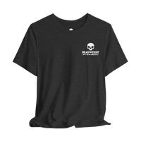 DailyThreadCo. charcoal grey cotton crew neck t-shirt with a small white skull graphic and Deadweight text on the chest.