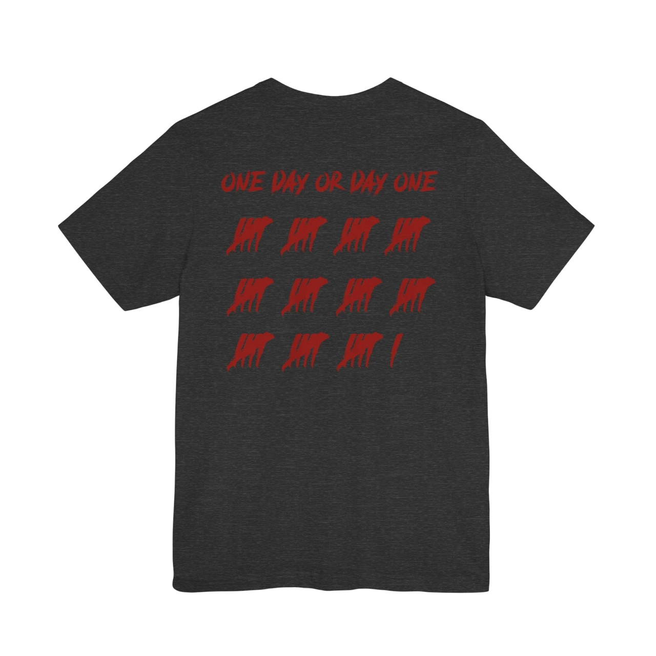 DailyThreadCo. charcoal grey cotton t-shirt with red One Day or Day One text and tally mark graphic on the back