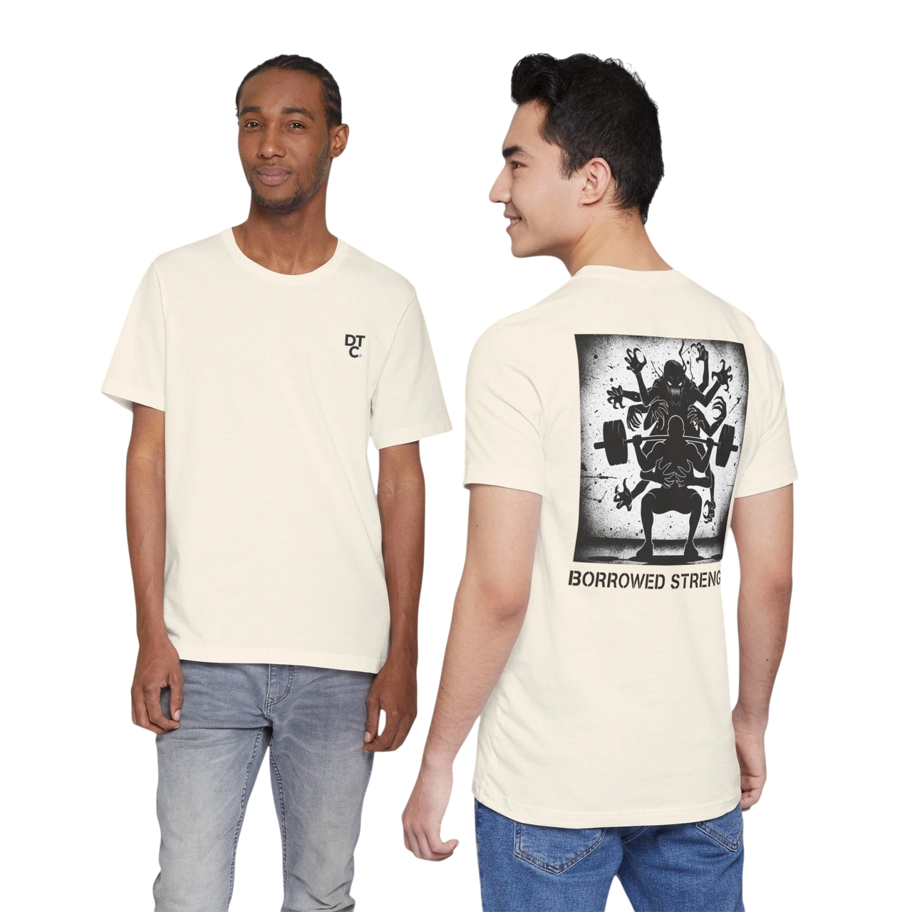 DailyThreadCo. cream cotton t-shirt with crew neck and a graphic print on the back of a multi-limbed figure lifting weights with the text "BORROWED STRENGTH".