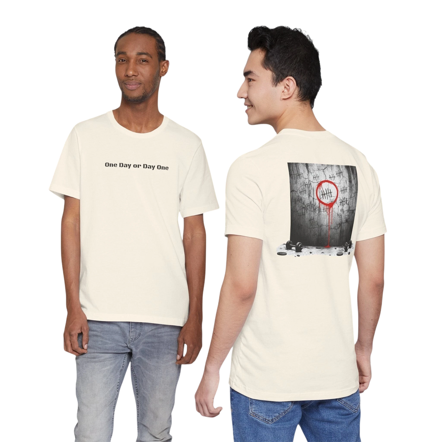 DailyThreadCo. cream cotton t-shirt with 'One Day or Day One' text on front and tally marks graphic on back.