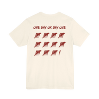 DailyThreadCo. cream cotton t-shirt featuring a red One Day or Day One graphic with tally marks on the back.