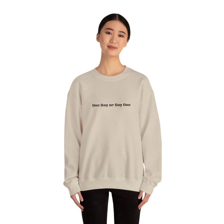 DailyThreadCo. cream crewneck sweatshirt with "One Day or Day One" text graphic on front, made from cotton blend.