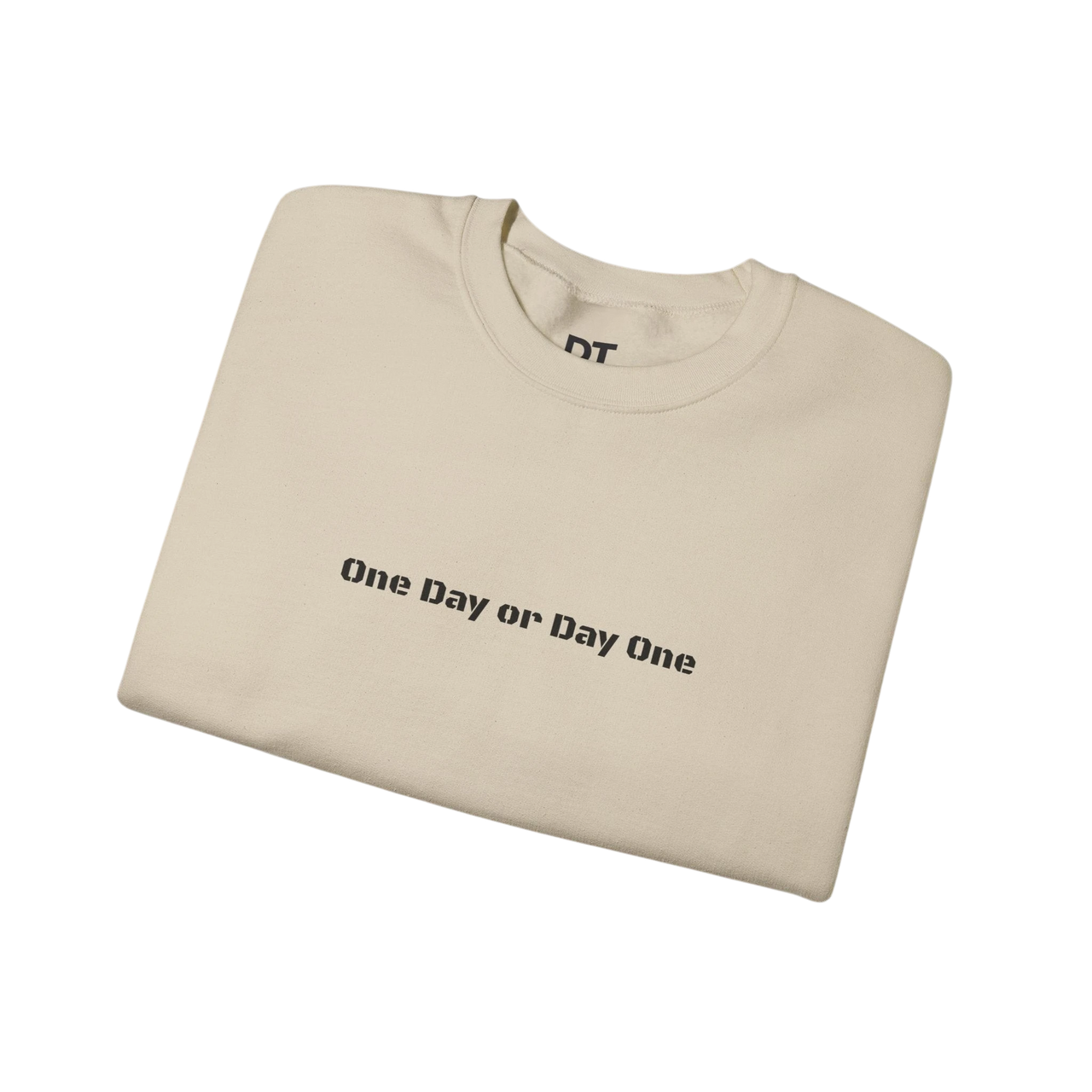 DailyThreadCo. cream crewneck sweatshirt with black "One Day or Day One" text graphic on front. Cotton-poly blend.