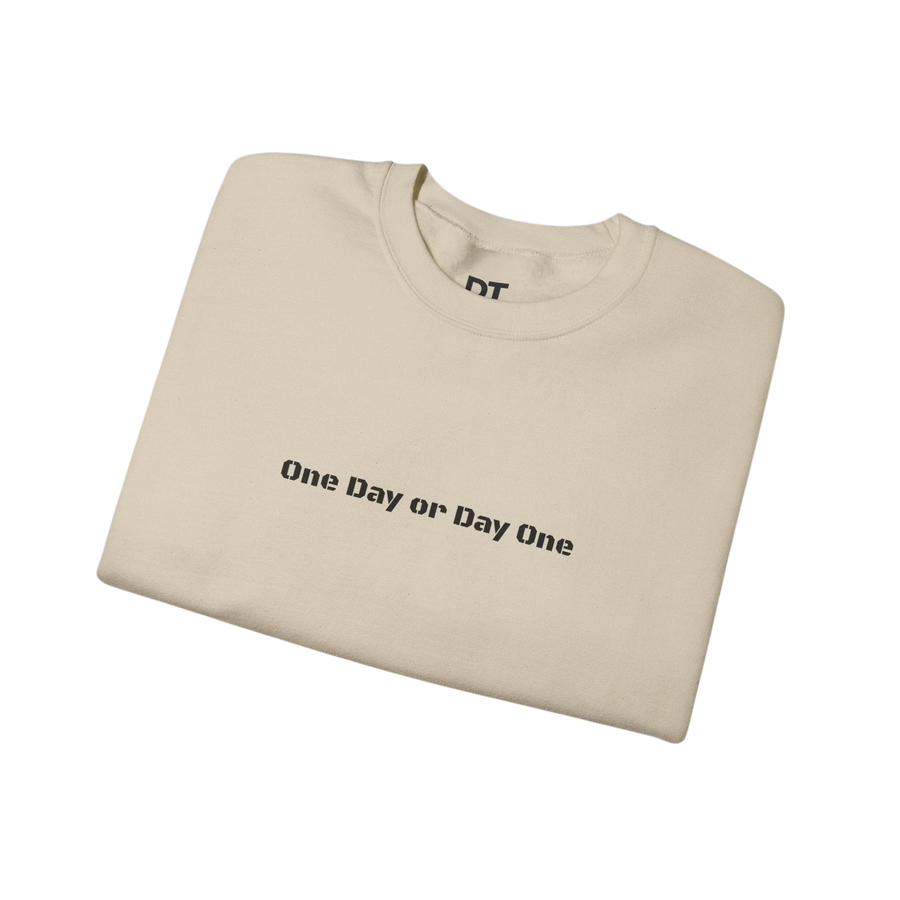 DailyThreadCo. cream crewneck sweatshirt with black "One Day or Day One" text graphic on front. Cotton-poly blend.