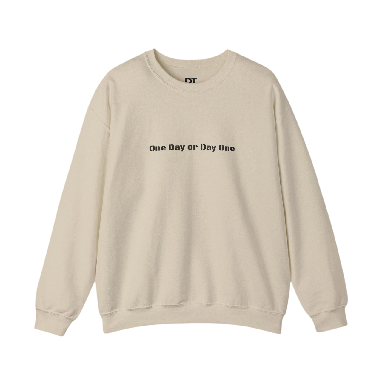 DailyThreadCo. cream crewneck sweatshirt with "One Day or Day One" text graphic on front and DT logo on collar. Cotton-blend.