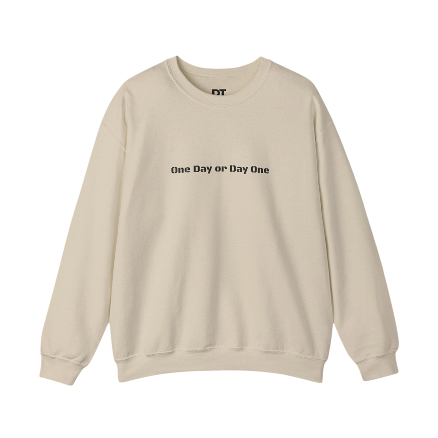 DailyThreadCo. cream crewneck sweatshirt with "One Day or Day One" text graphic on front and DT logo on collar. Cotton-blend.
