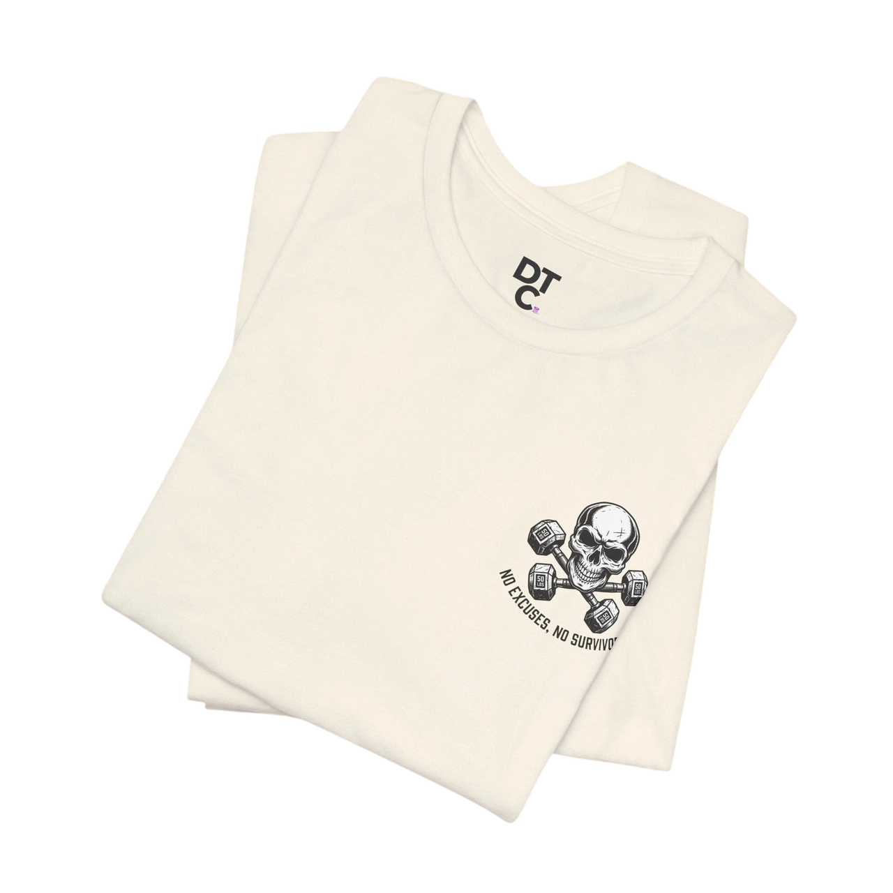 DailyThreadCo. cream 100% Airlume cotton t-shirt with a small skull and dumbbells graphic on the left chest.