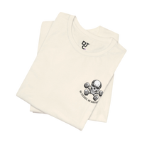DailyThreadCo. cream 100% Airlume cotton t-shirt with a small skull and dumbbells graphic on the left chest.