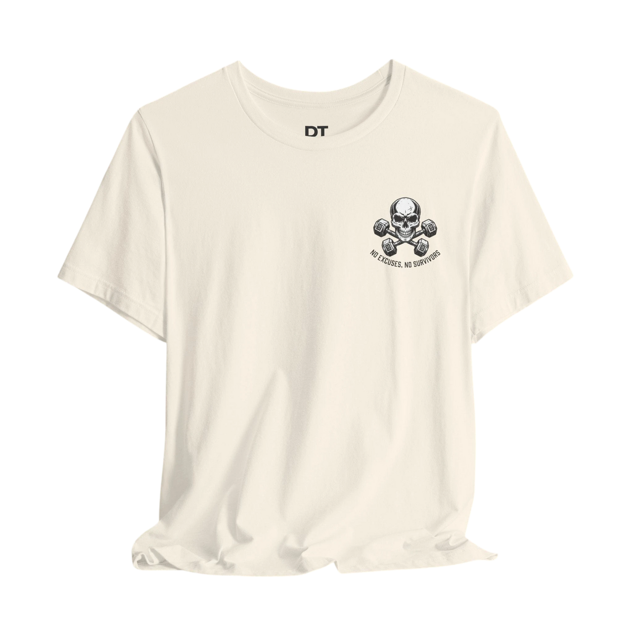 DailyThreadCo. cream 100% Airlume cotton t-shirt with a small skull and dumbbells graphic on the left chest.