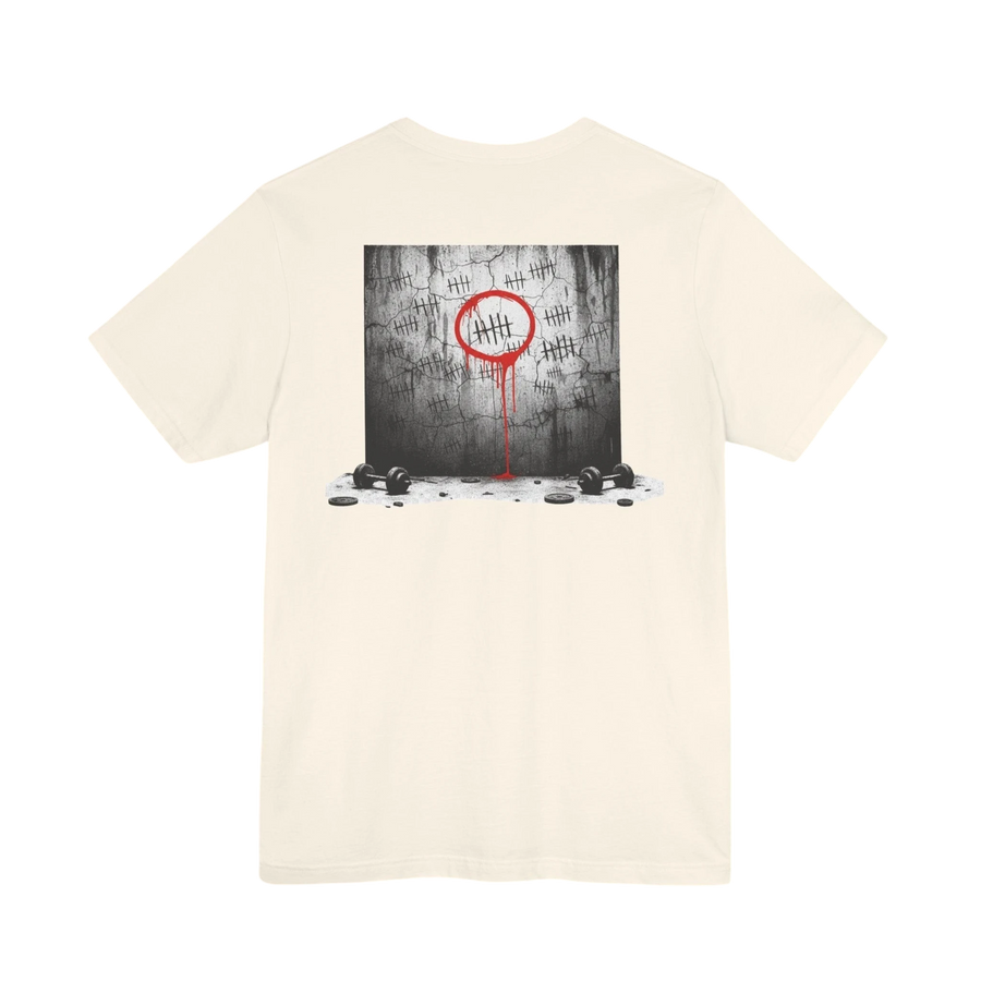 DailyThreadCo. cream cotton t-shirt with a graphic print of tally marks on a concrete wall with red dripping paint and the words "ONE DAY OR DAY ONE".