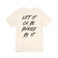 DailyThreadCo. cream gym t-shirt featuring black jagged motivational text on the back.