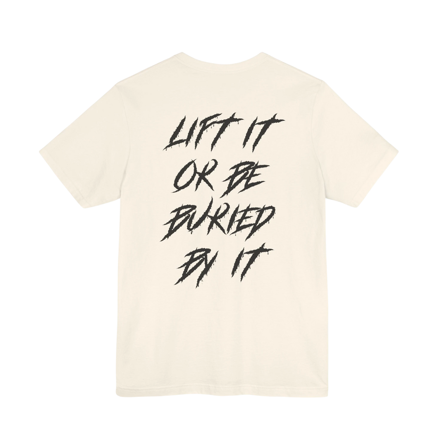 DailyThreadCo. cream gym t-shirt featuring black jagged motivational text on the back.