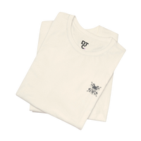 DailyThreadCo. cream cotton t-shirt with a small skull and crossed barbells graphic on the chest and a larger graphic on the back. Crew neck, short sleeves, retail fit.