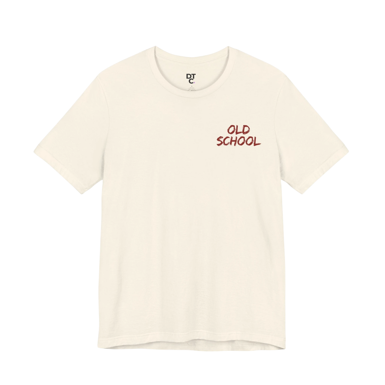 DailyThreadCo. cream 100% cotton t-shirt with "OLD SCHOOL" graphic on the chest in maroon.