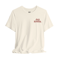DailyThreadCo. cream 100% cotton t-shirt with red 'OLD SCHOOL' graphic on the chest and crew neck.