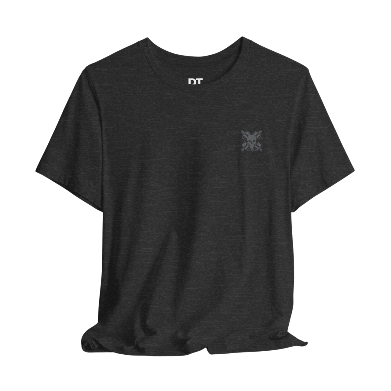 DailyThreadCo. dark charcoal grey cotton tee with a small chest emblem and large back print of crossed barbells and a skull.