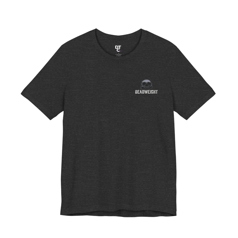 DailyThreadCo. dark grey 100% Airlume cotton crew neck t-shirt with a small skull graphic and "DEADWEIGHT" text on the chest.