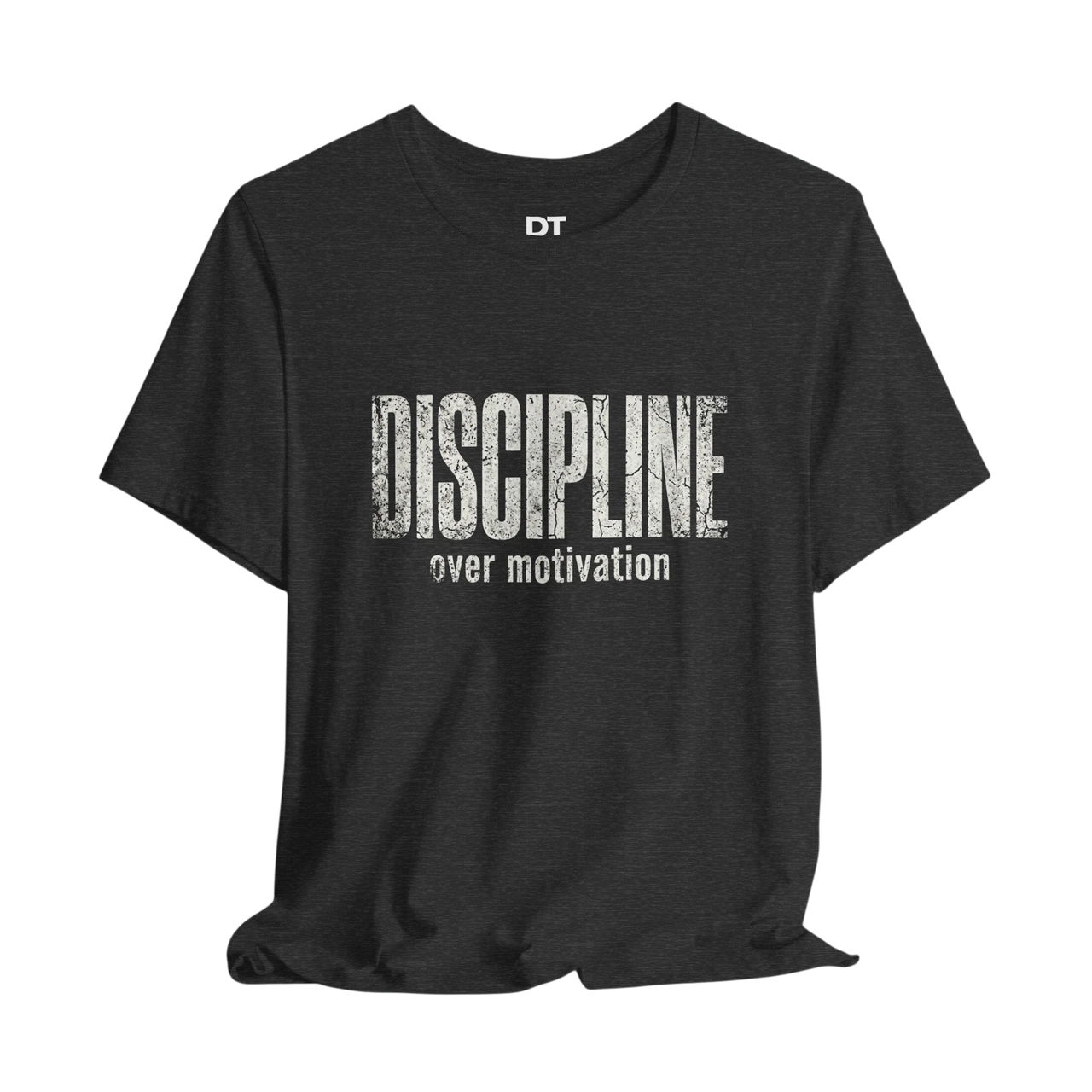 DailyThreadCo. dark grey crew neck t-shirt with distressed white text reading "DISCIPLINE over motivation".