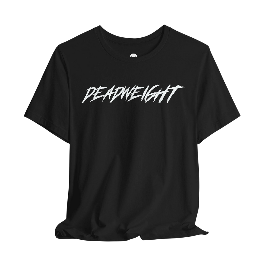 DailyThreadCo. black crew-neck gym t-shirt with white jagged DEADWEIGHT text graphic on the chest.