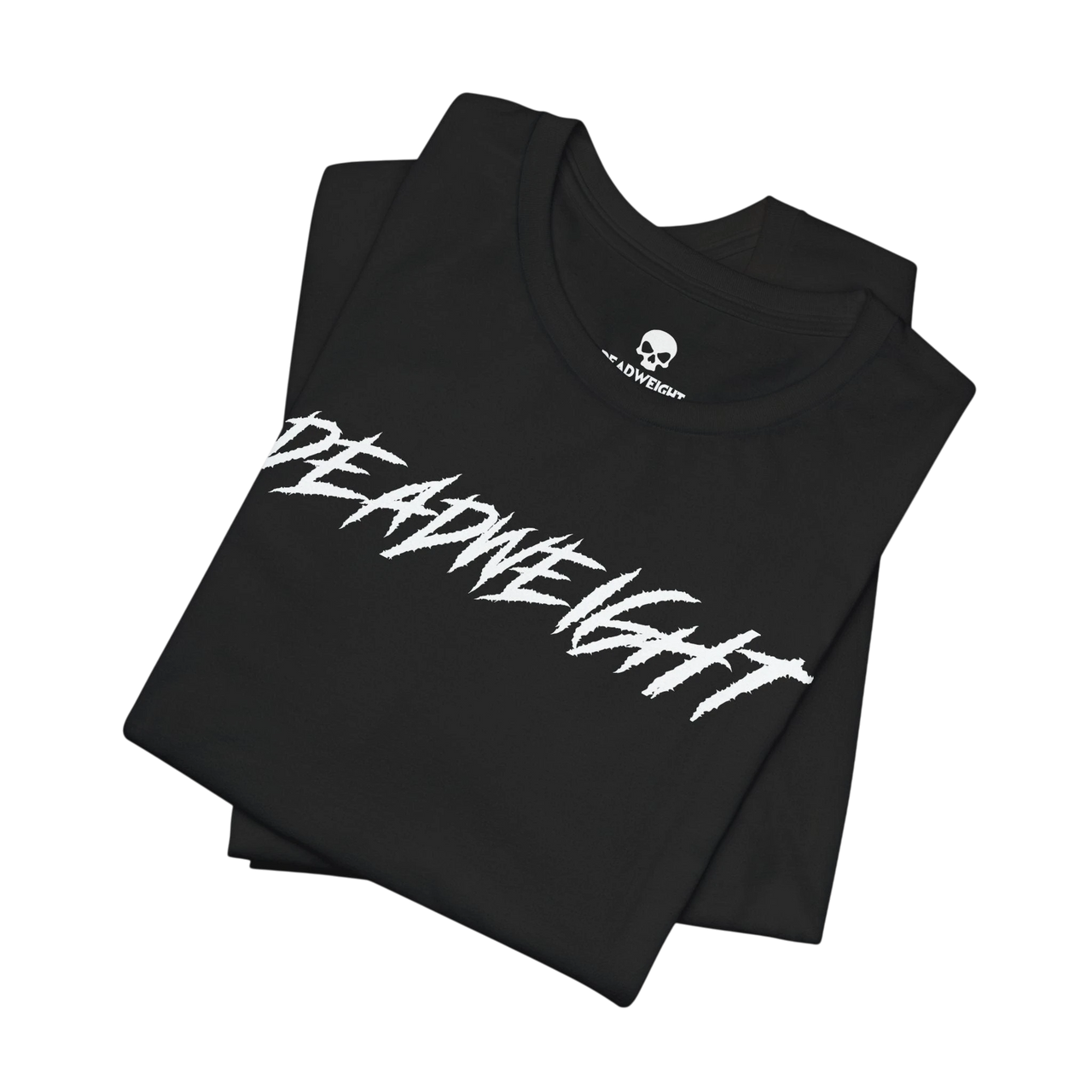 DailyThreadCo. black crew-neck gym t-shirt with bold white jagged DEADWEIGHT graphic print on the chest.