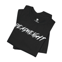 DailyThreadCo. black crew-neck gym t-shirt with bold white jagged DEADWEIGHT graphic print on the chest.