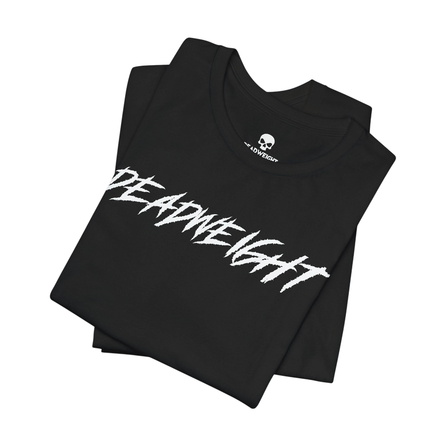 DailyThreadCo. black crew-neck gym t-shirt with bold white jagged DEADWEIGHT graphic print on the chest.